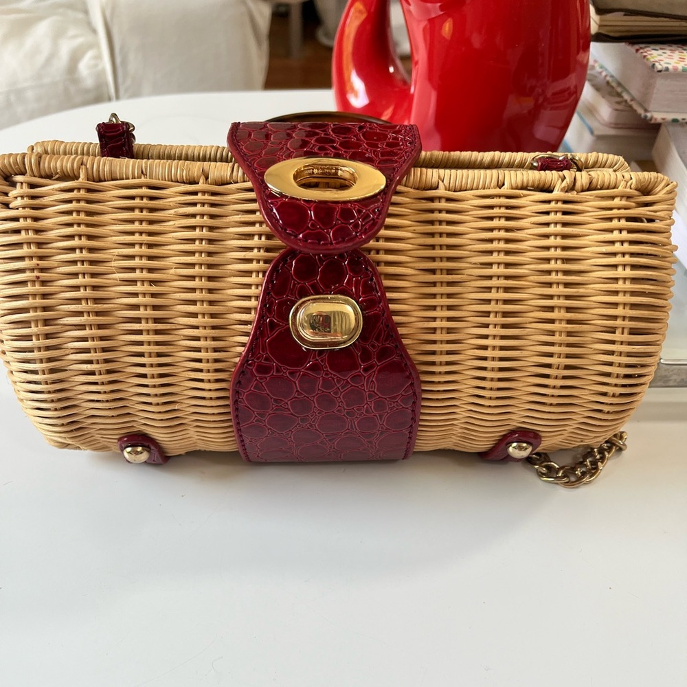 Vintage wicker purse with red snake print leather details and gold link strap